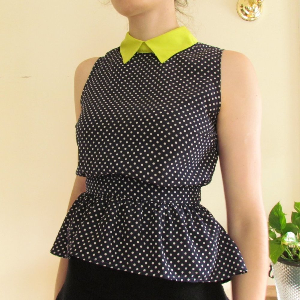 50's Lime Green Collar Navy Polka Dot Peplum Top